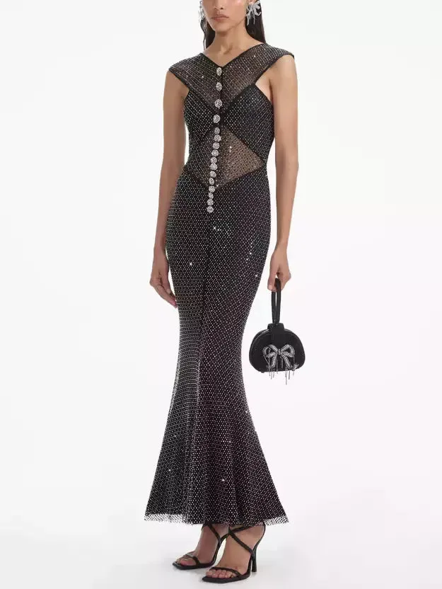 Women’s Black Fishnet Sleeveless Gown with Crystal Embellishments
