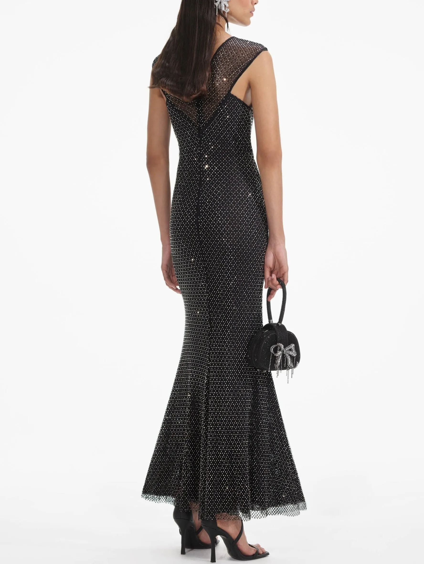 Women’s Black Fishnet Sleeveless Gown with Crystal Embellishments