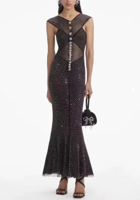 Women’s Black Fishnet Sleeveless Gown with Crystal Embellishments
