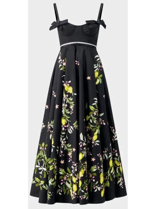 Women’s Bow-Detailed Printed Poplin Midi Dress in Black