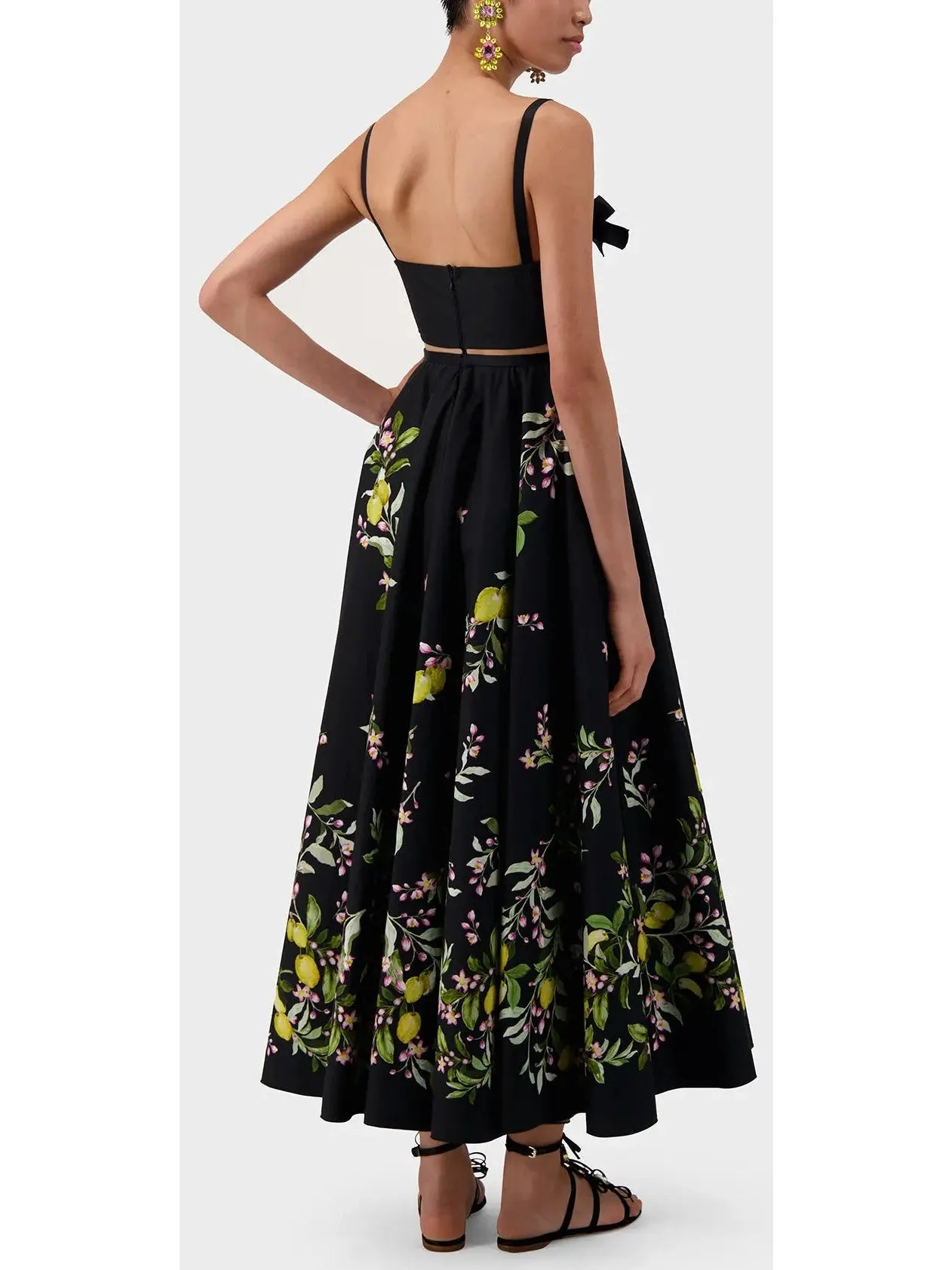 Women’s Bow-Detailed Printed Poplin Midi Dress in Black