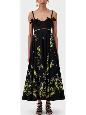 Women’s Bow-Detailed Printed Poplin Midi Dress in Black