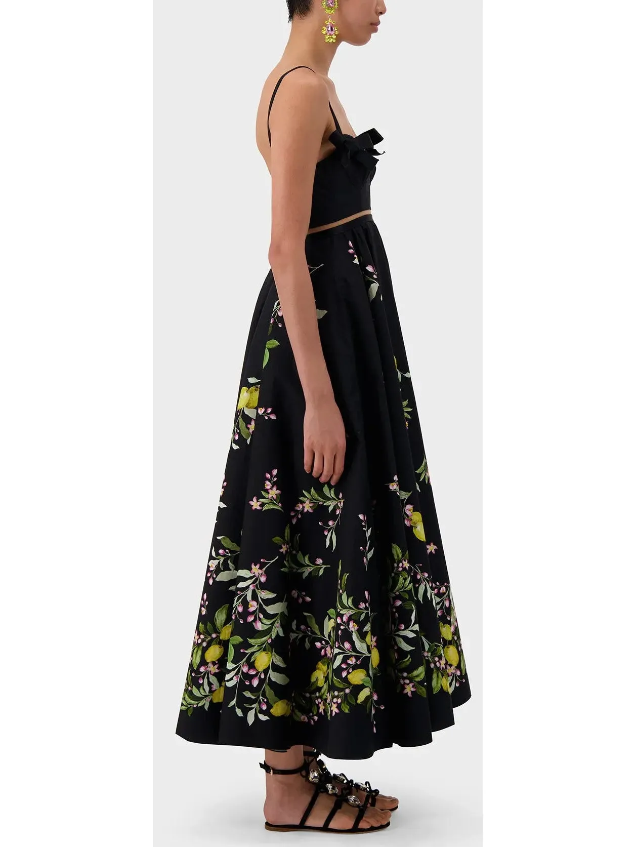 Women’s Bow-Detailed Printed Poplin Midi Dress in Black
